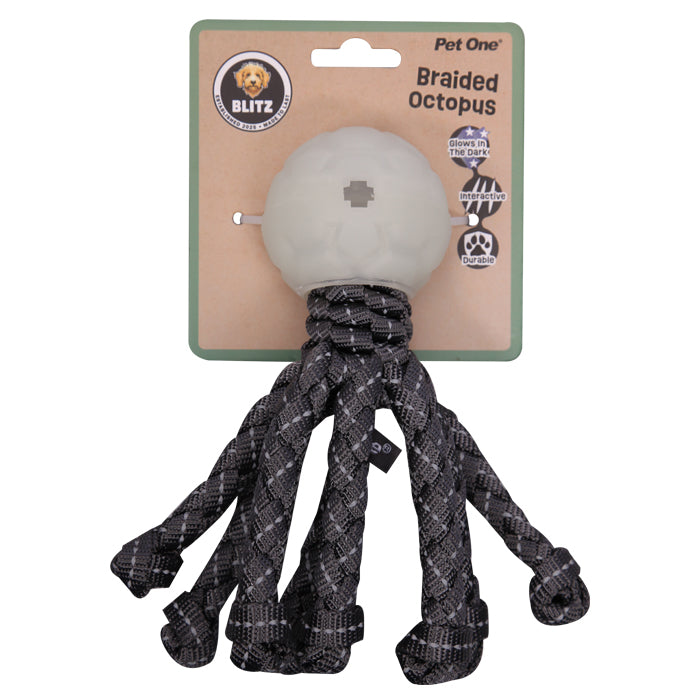 Pet One Dog Toy Blitz Octopus w Glow in the Dark Ball Grey M
