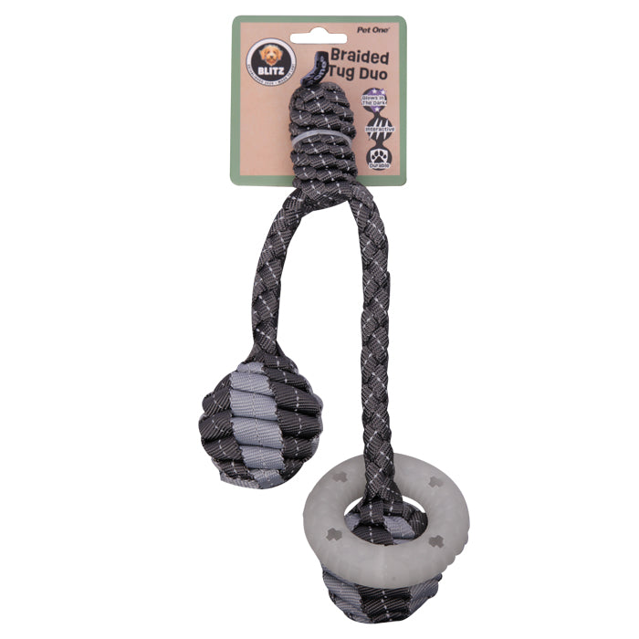Pet One Dog Toy Blitz Braided Tug Duo w Glow in the Dark Ring Grey