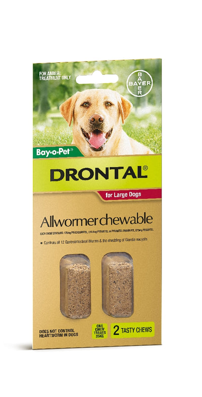 Packaging for Drontal Allwormer Chewable, which is a treatment for large dogs, showing two chewable tablets and a happy dog in the background.