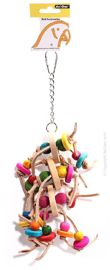 Avi One Bird Toy Leather Rope With Wooden Discs And Coloured Beads 33Cm