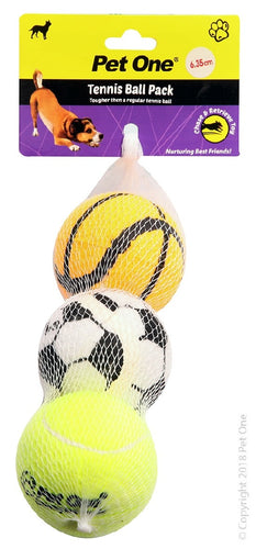 Pet One Dog Toy Tennis Ball 3 pack with Print 6.35cm Diameter