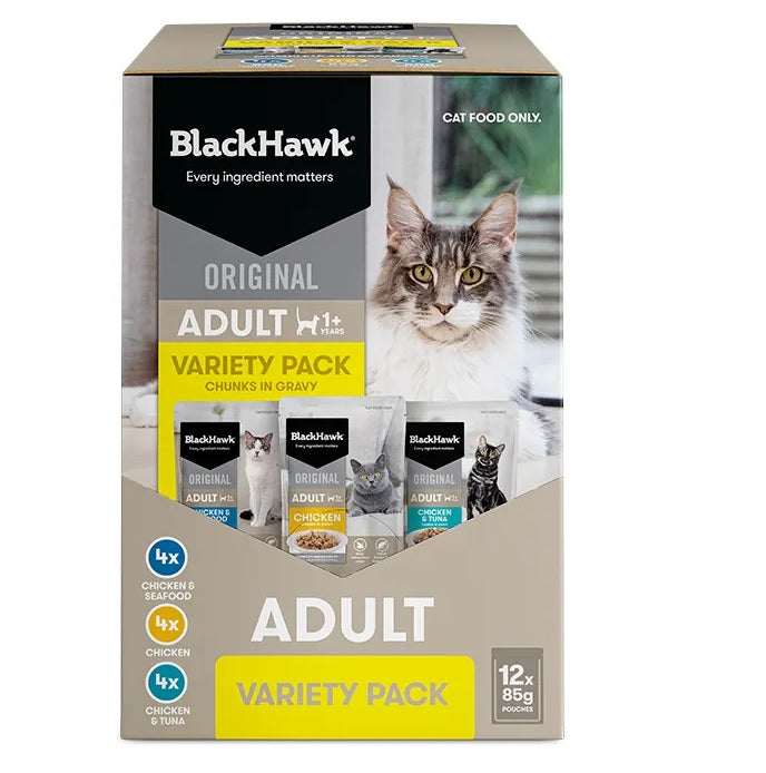Pack of 12 Black Hawk Cat Variety 85G
