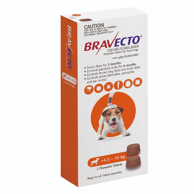 Bravecto Small Dog Orange 4.5-10kg 2 pack chew