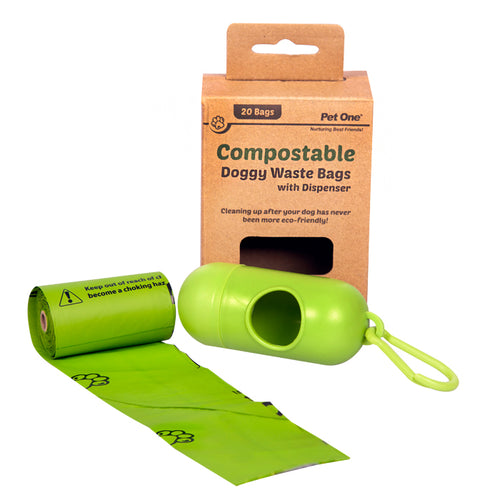 Doggy Waste Bags Compostable 1 Roll X 20 Bags Per Roll & Dispenser