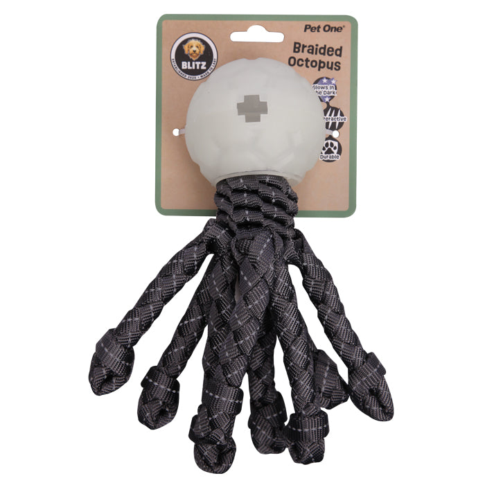 Pet One Dog Toy Blitz Octopus w Glow in the Dark Ball Grey L