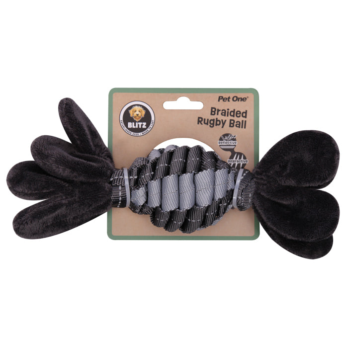 Pet One Dog Toy Blitz Braided Rugby Ball Grey M