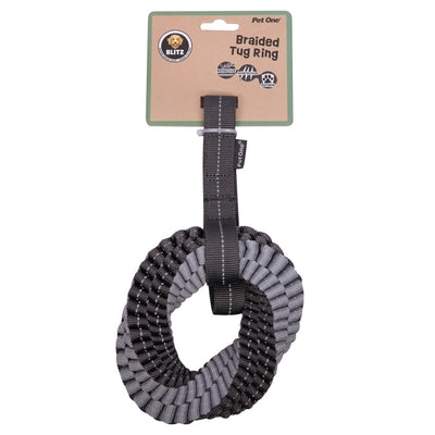 Pet One Dog Toy Blitz Braided Tug Ring w Strap Grey M