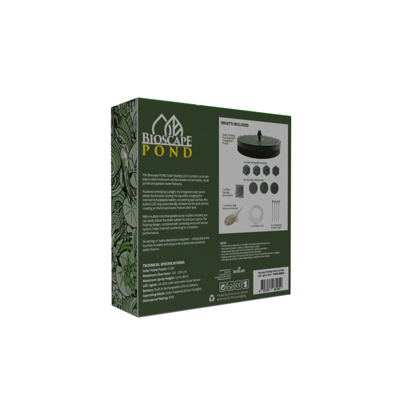 Bioscape Floating Solar Fountain with Lights 20cm