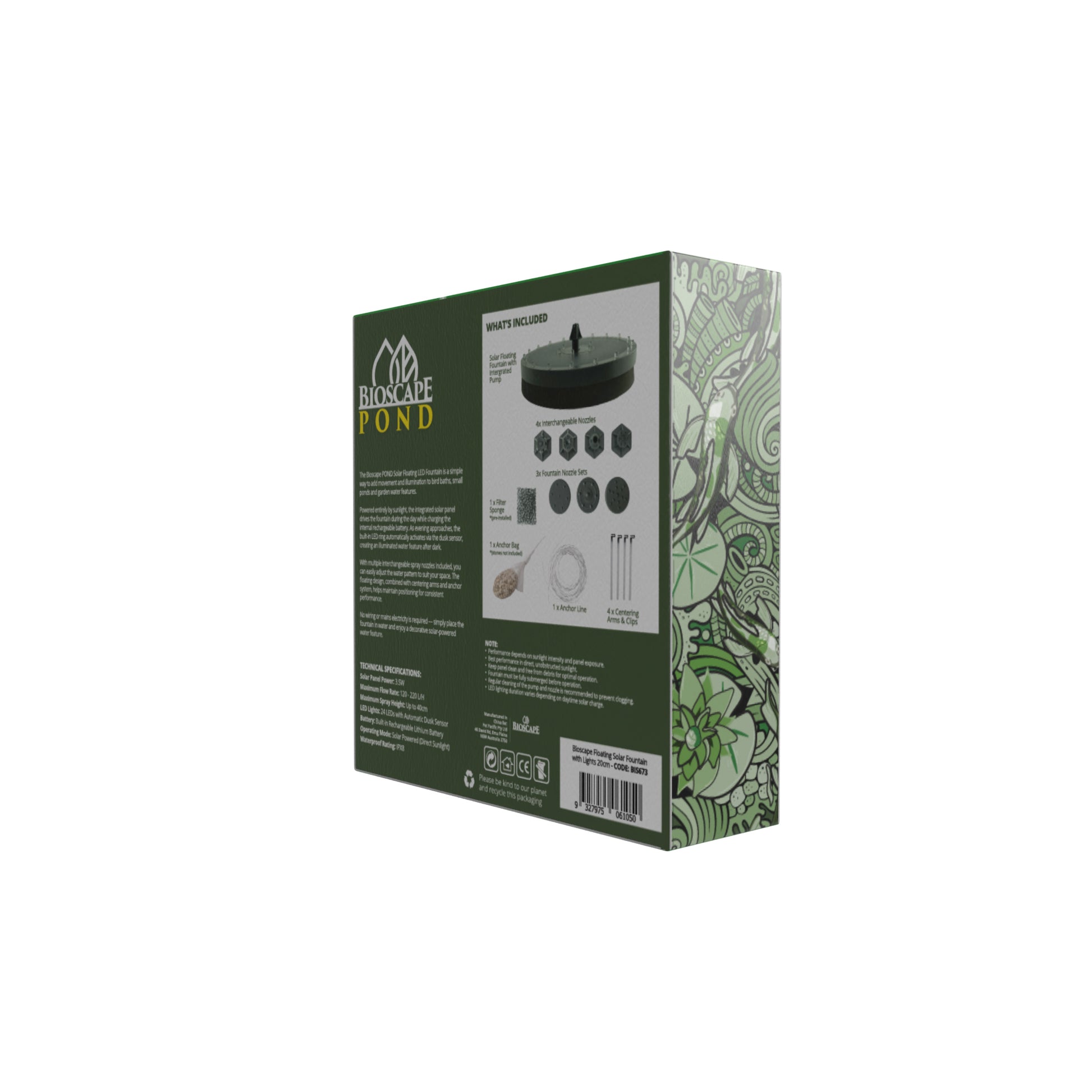 Bioscape Floating Solar Fountain with Lights 20cm