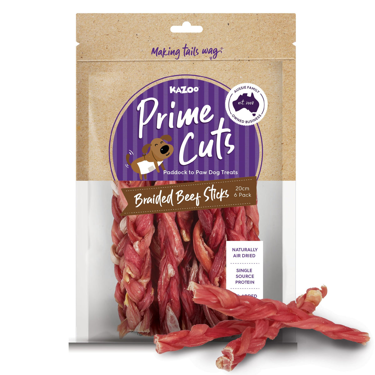 Kazoo Prime Cuts Braided Beef Sticks – 20cm 6 pack