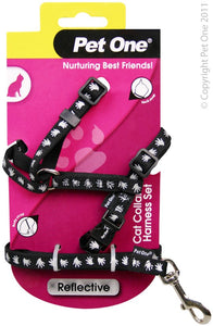 Pet One Cat Lead & Harness Set Reflective 15 to 22.5cm 10mm Black