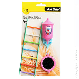 Avi One Bird Toy 3 piece Multi Coloured Ladder Cuckoo Bird Perch & Round Mirror
