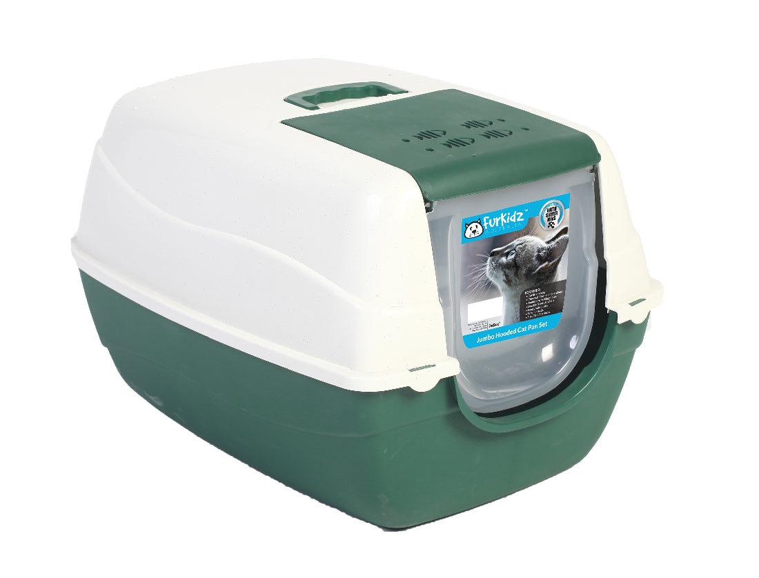 FurKidz Cat Pan Hooded Litter tray Dark Green/Beige
